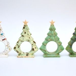 Ceramic Christmas Tree Glazed Napkin Rings - 4 Set